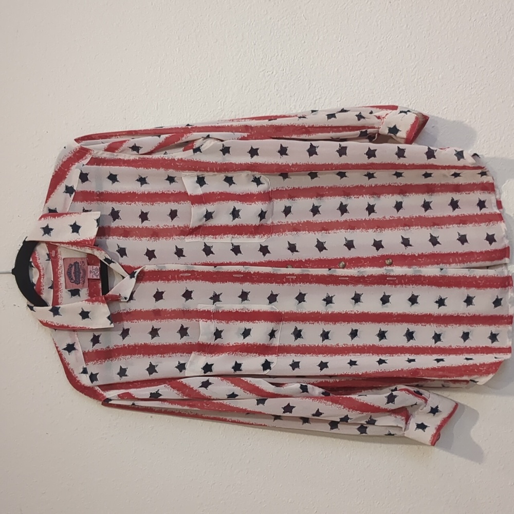 Vintage Cambridge Country Store Dry Goods American Flag Print Blouse Med
